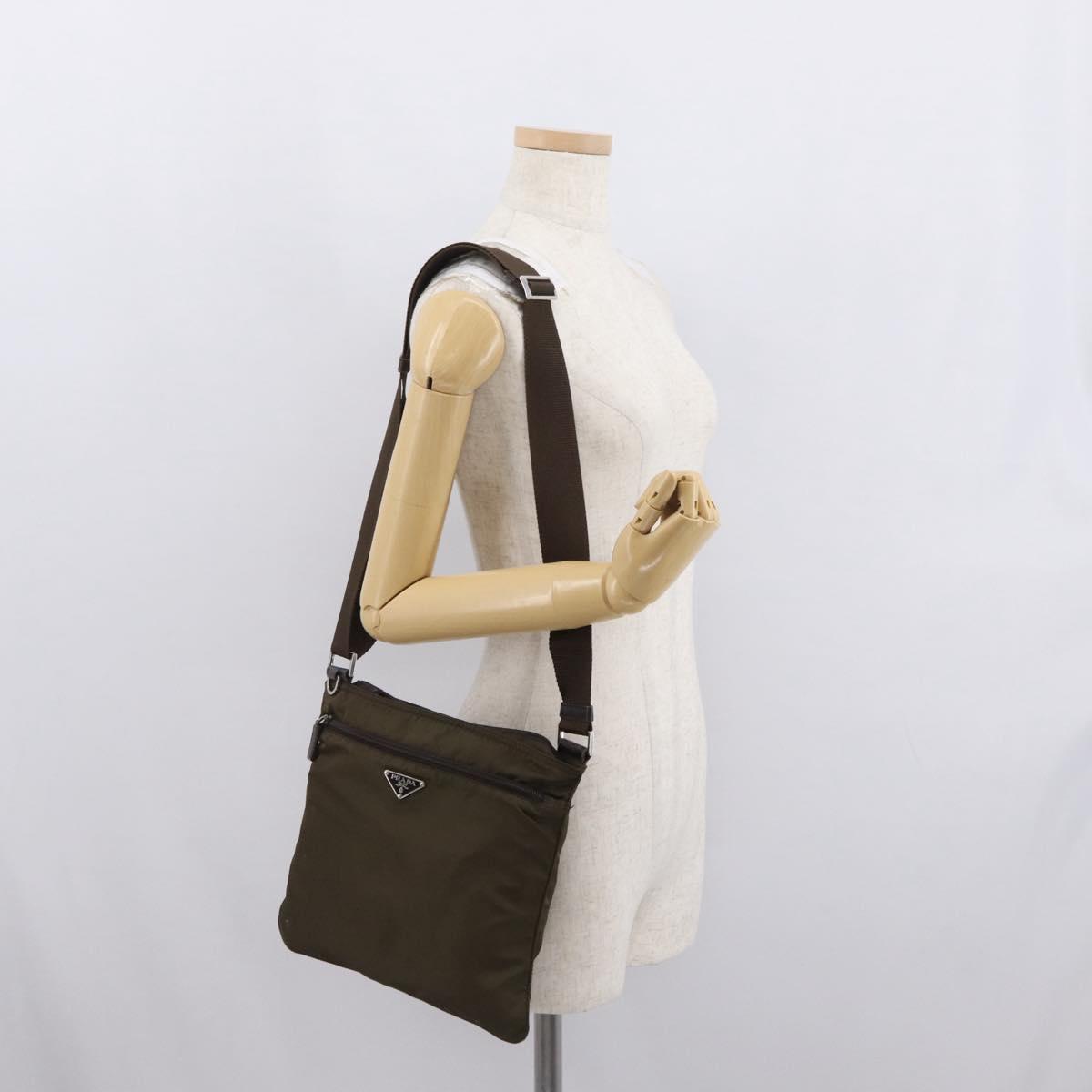 PRADA Shoulder Bag Nylon Khaki Silver Auth 164284