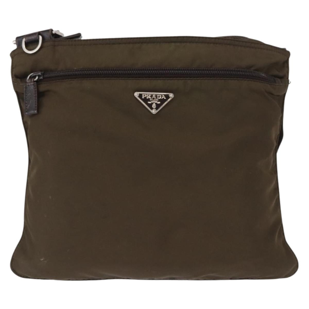 PRADA Shoulder Bag Nylon Khaki Silver Auth 164284