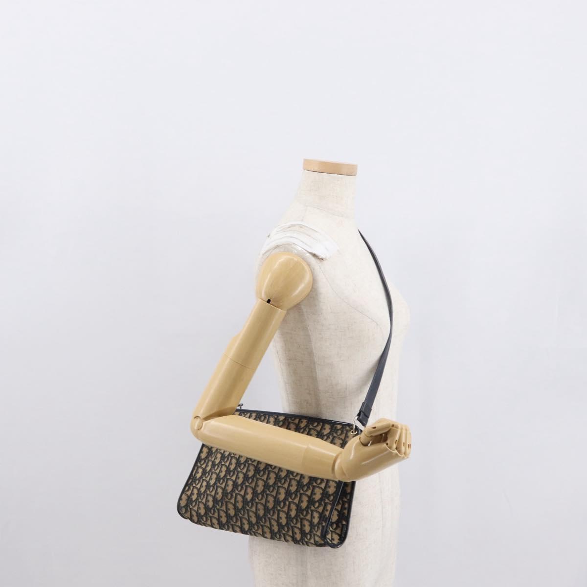 Christian Dior Trotter Canvas Shoulder Bag Navy Gold Auth 164287