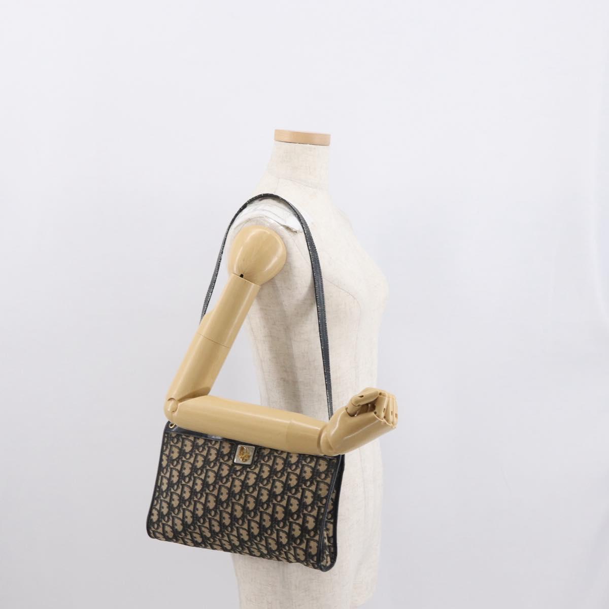 Christian Dior Trotter Canvas Shoulder Bag Navy Gold Auth 164288