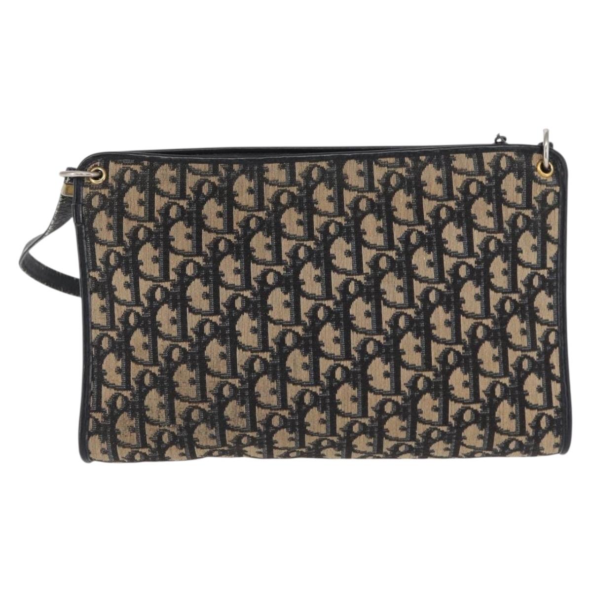 Christian Dior Trotter Canvas Shoulder Bag Navy Gold Auth 164288