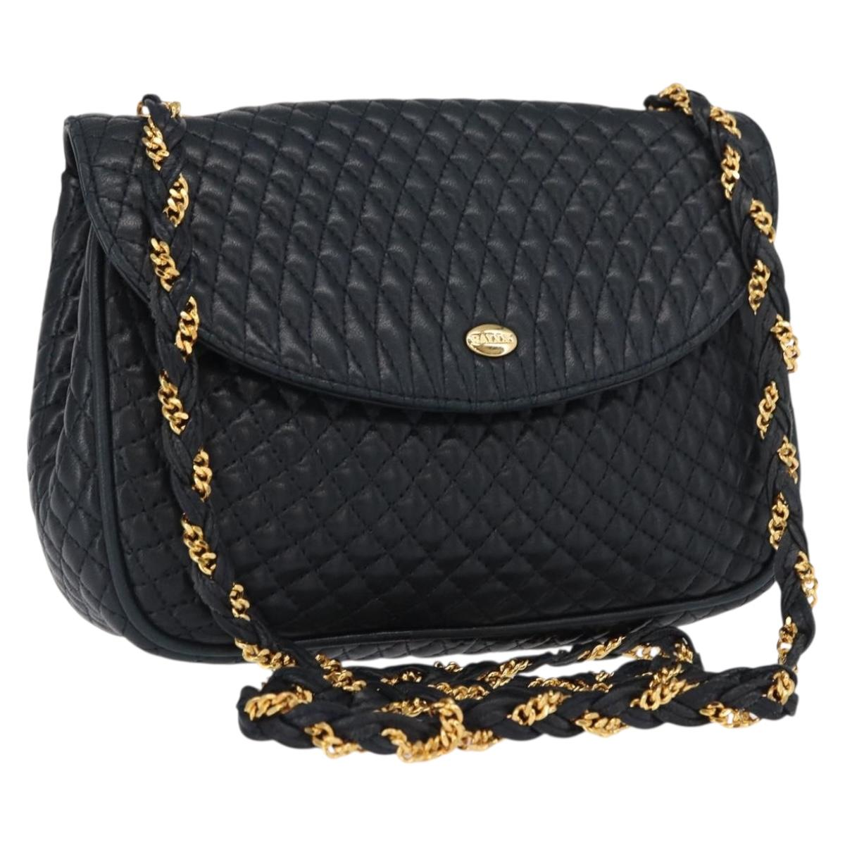 BALLY Chain Shoulder Bag Leather Navy Gold Auth 164306