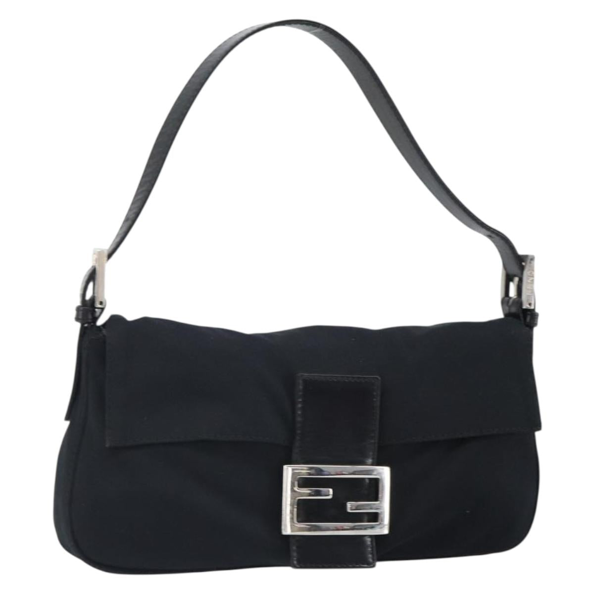 FENDI Mamma Baguette Shoulder Bag Nylon Black Silver Auth 164307