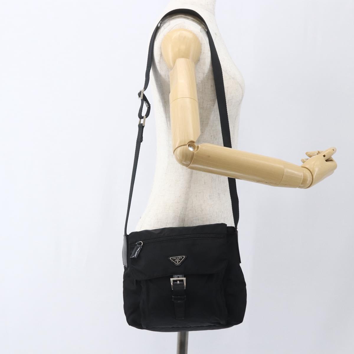 PRADA Shoulder Bag Nylon Black Silver Auth 164345