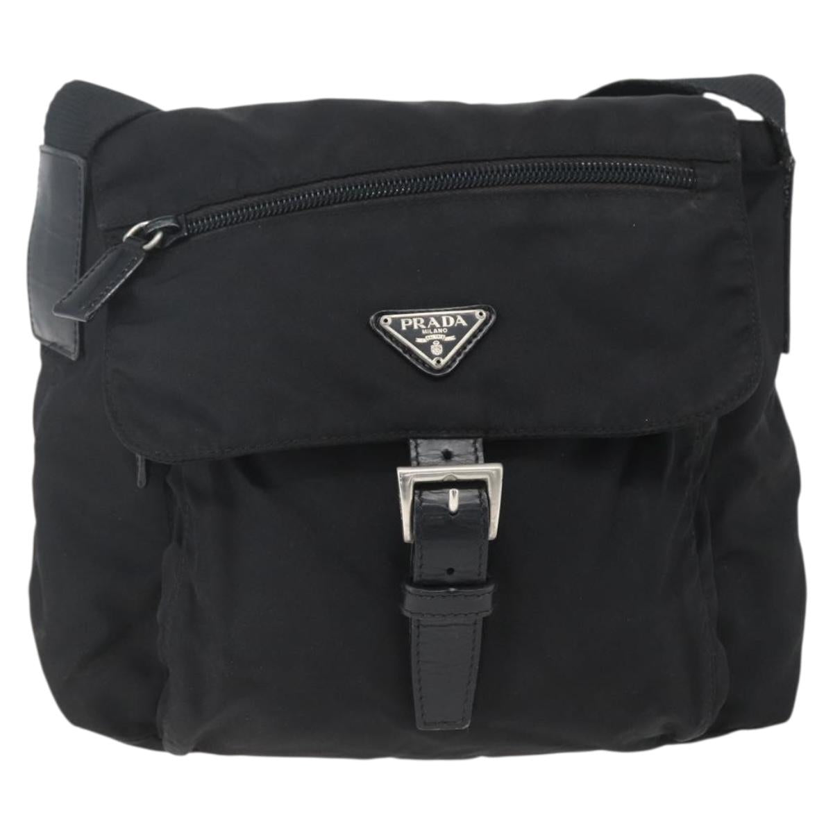 PRADA Shoulder Bag Nylon Black Silver Auth 164345