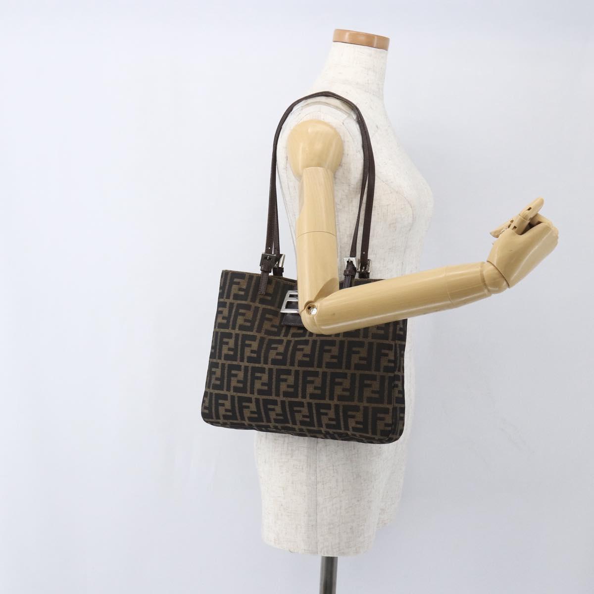 FENDI Zucca Canvas Tote Bag Black Brown Silver Auth 164424