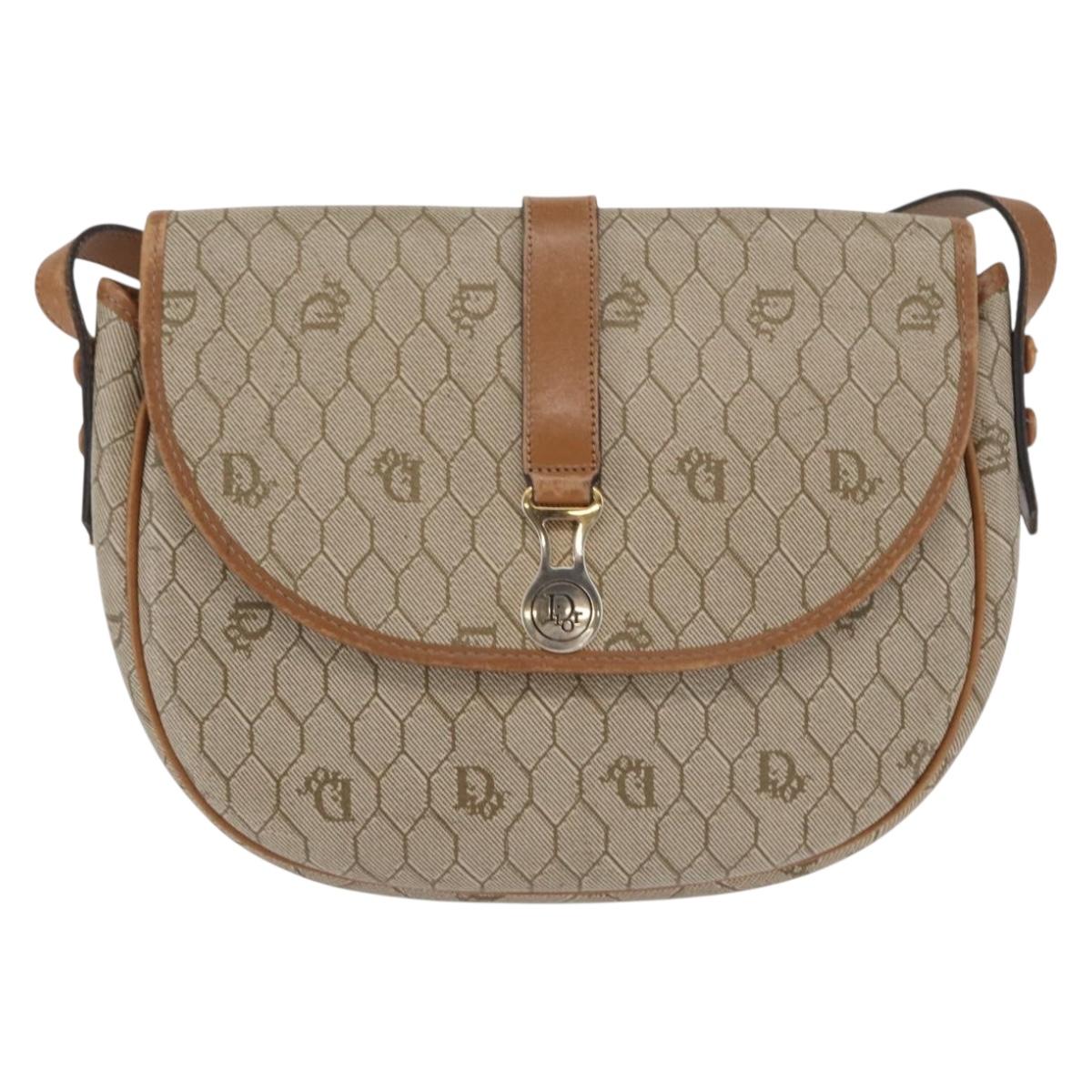 Christian Dior Honeycomb Canvas Shoulder Bag PVC Beige Gold Auth 164437
