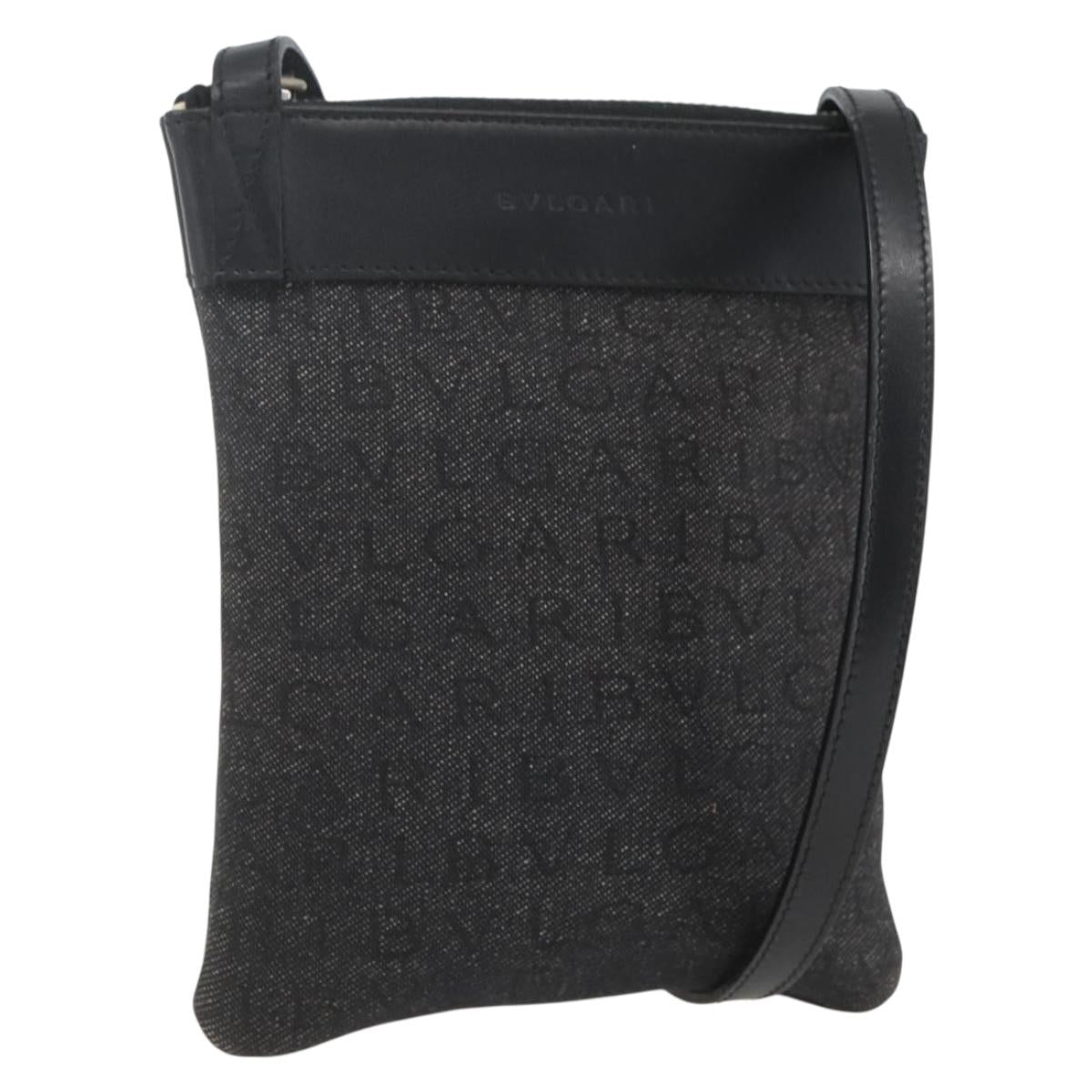 BVLGARI Logo Mania Shoulder Bag Canvas Leather Black Silver Auth 164451