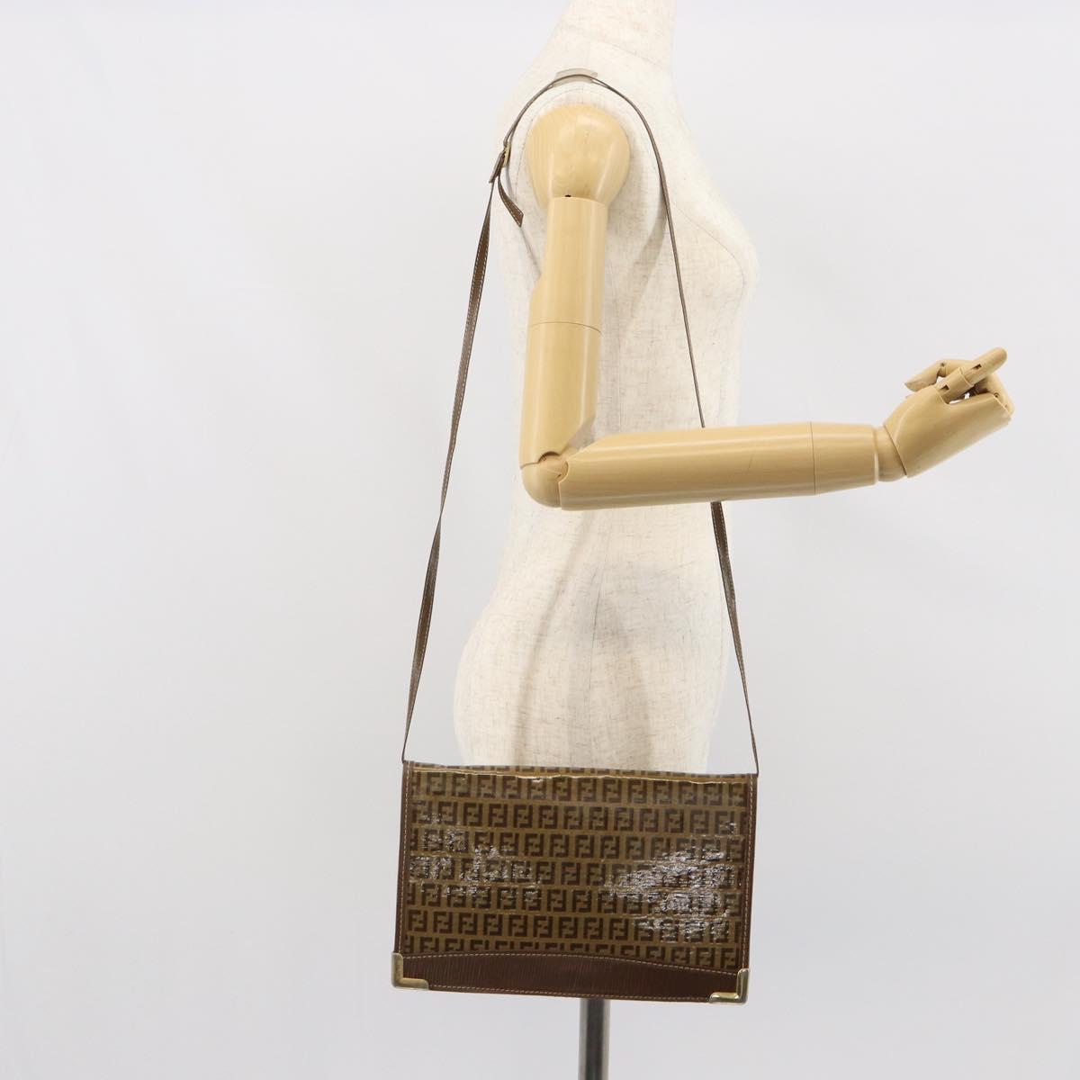 FENDI Zucchino Canvas Shoulder Bag Coated Canvas Brown Gold Auth 164456