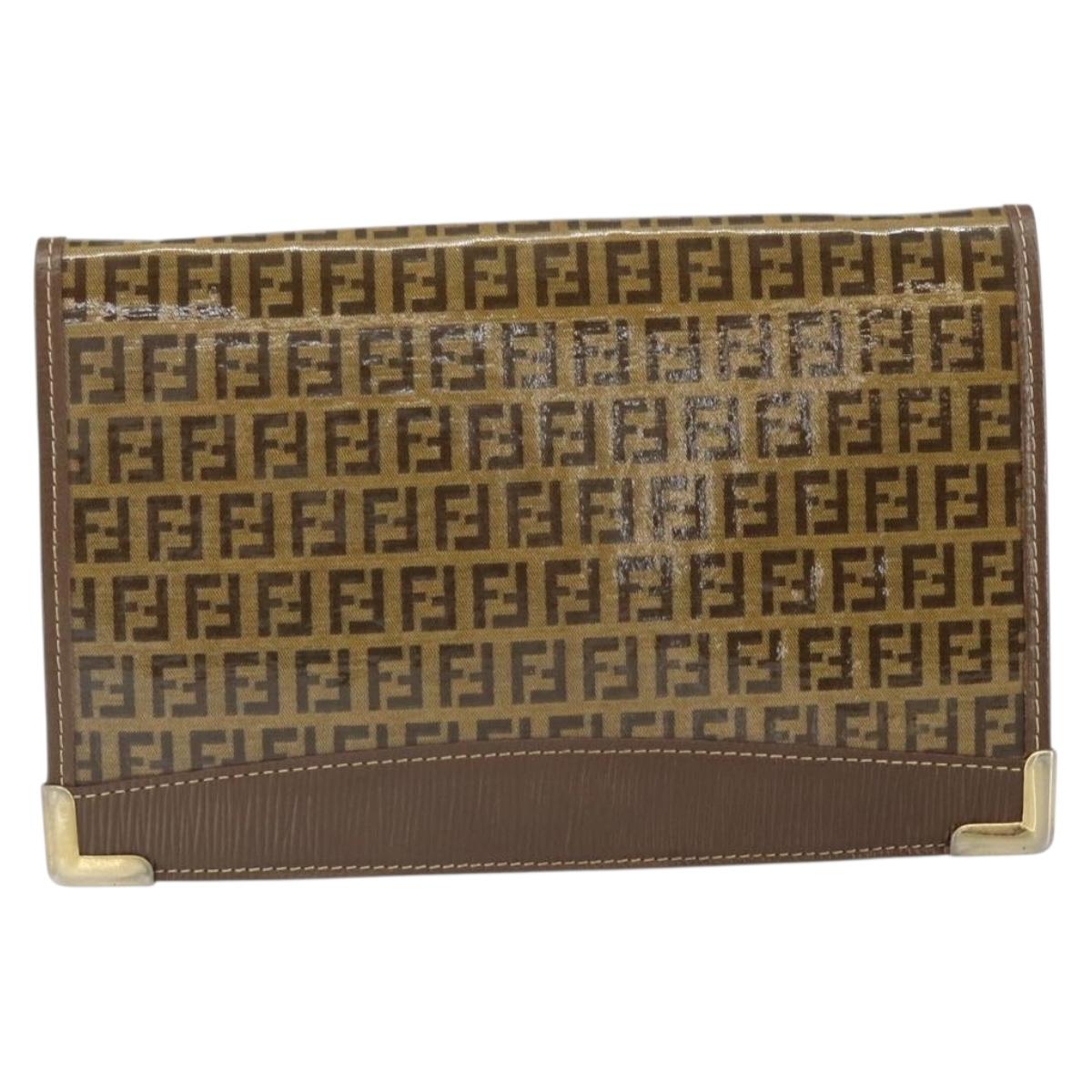 FENDI Zucchino Canvas Shoulder Bag Coated Canvas Brown Gold Auth 164456