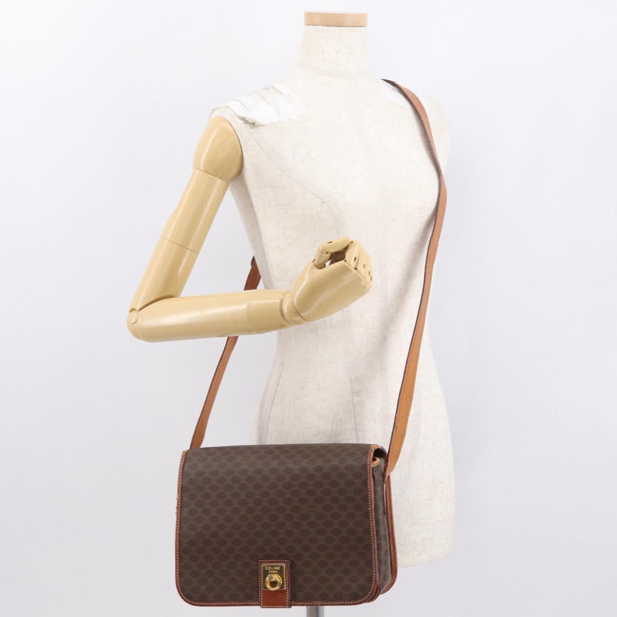 CELINE Macadam Canvas Shoulder Bag PVC Leather Brown Gold Auth 164464
