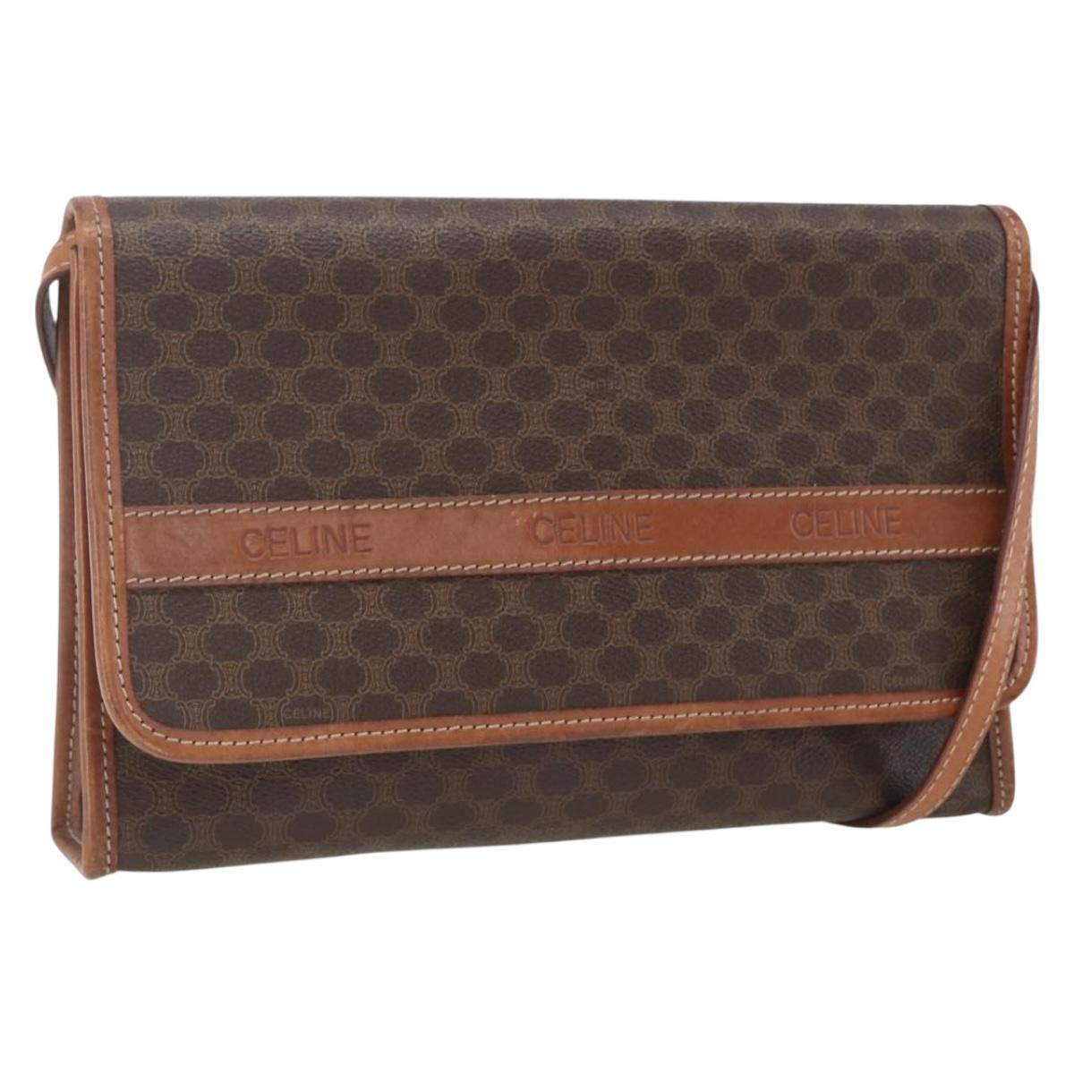 CELINE Macadam Canvas Shoulder Bag PVC Leather Brown Gold Auth 164465