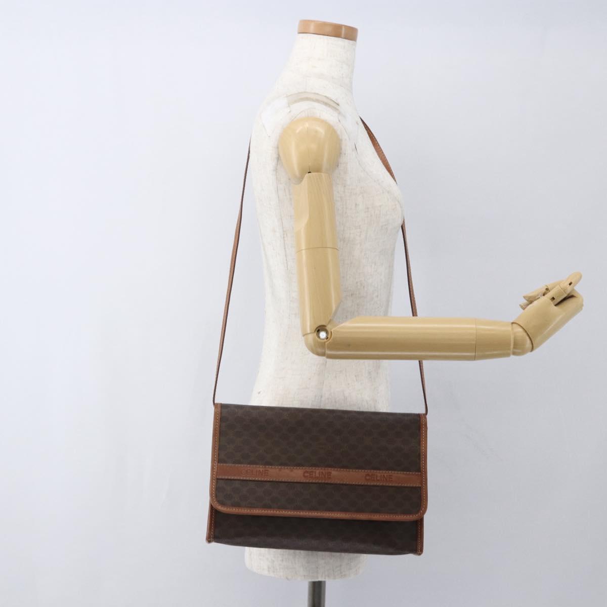 CELINE Macadam Canvas Shoulder Bag PVC Leather Brown Gold Auth 164465