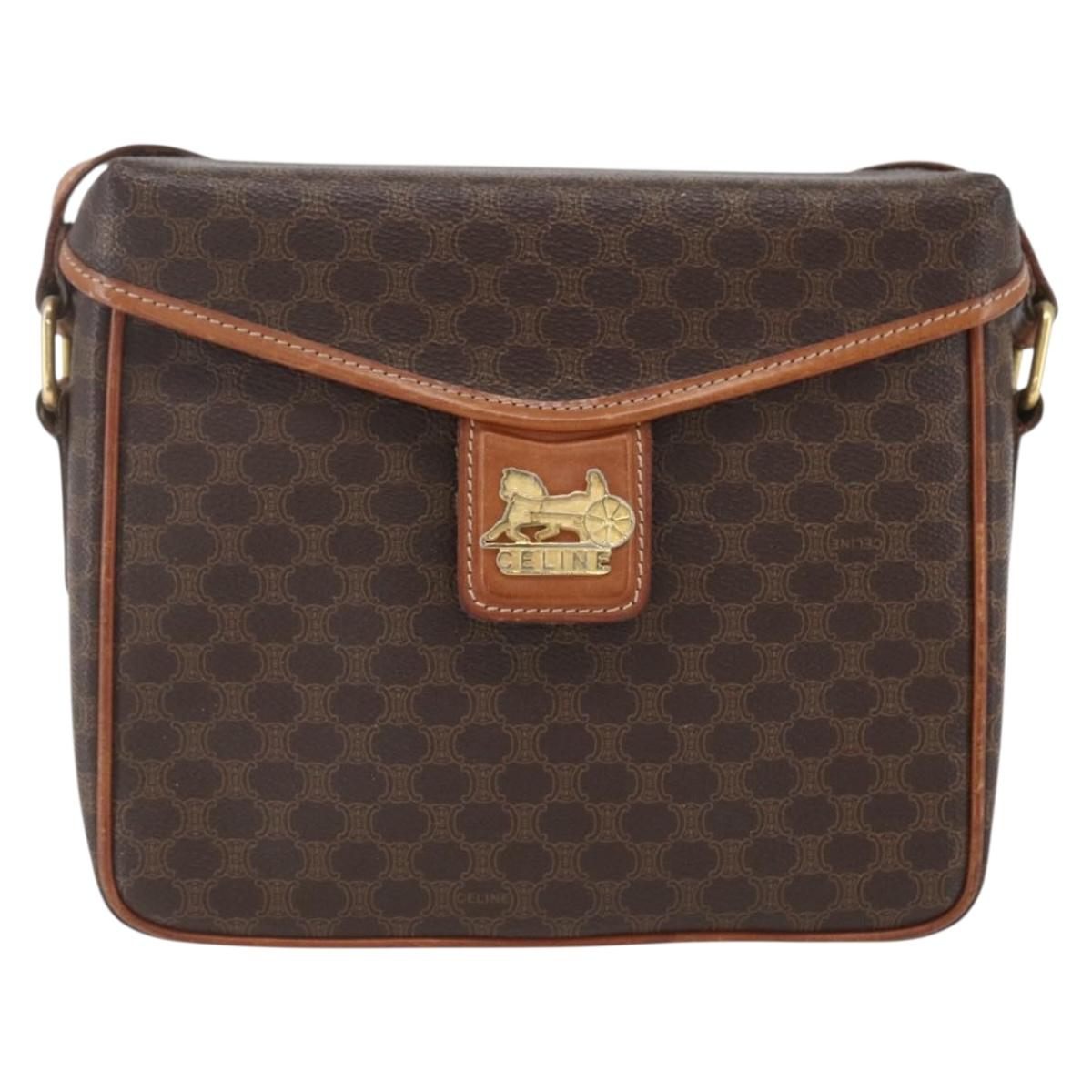 CELINE Macadam Canvas Shoulder Bag PVC Leather Brown Gold Auth 164467