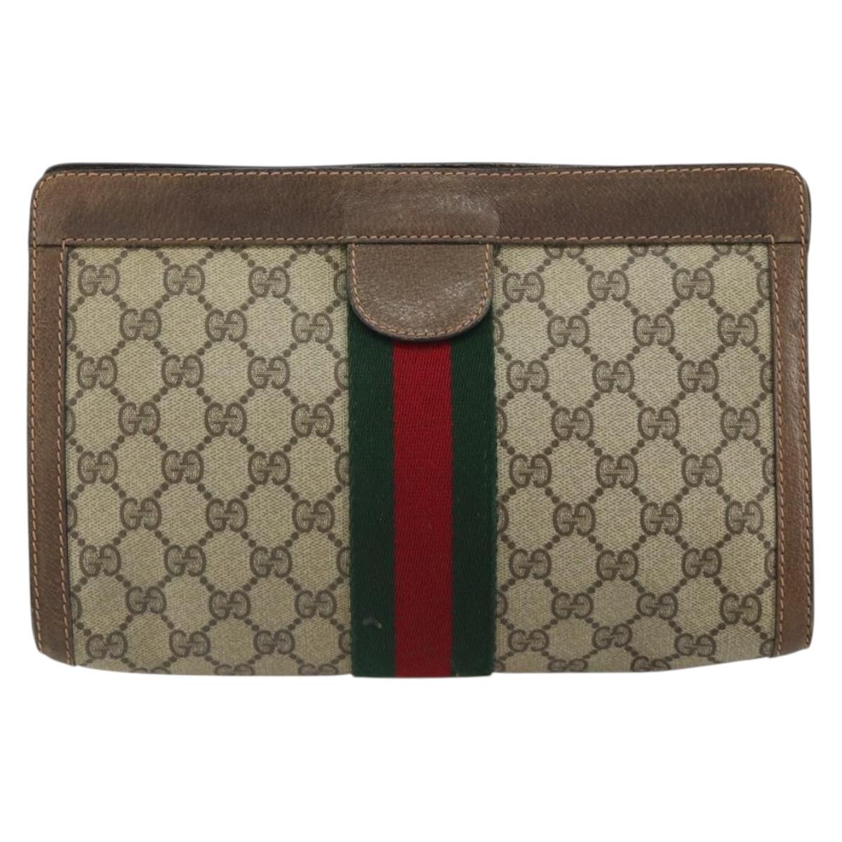 GUCCI GG Supreme Web Sherry Line Clutch Bag PVC Beige Gold 89 01 002 Auth 164472