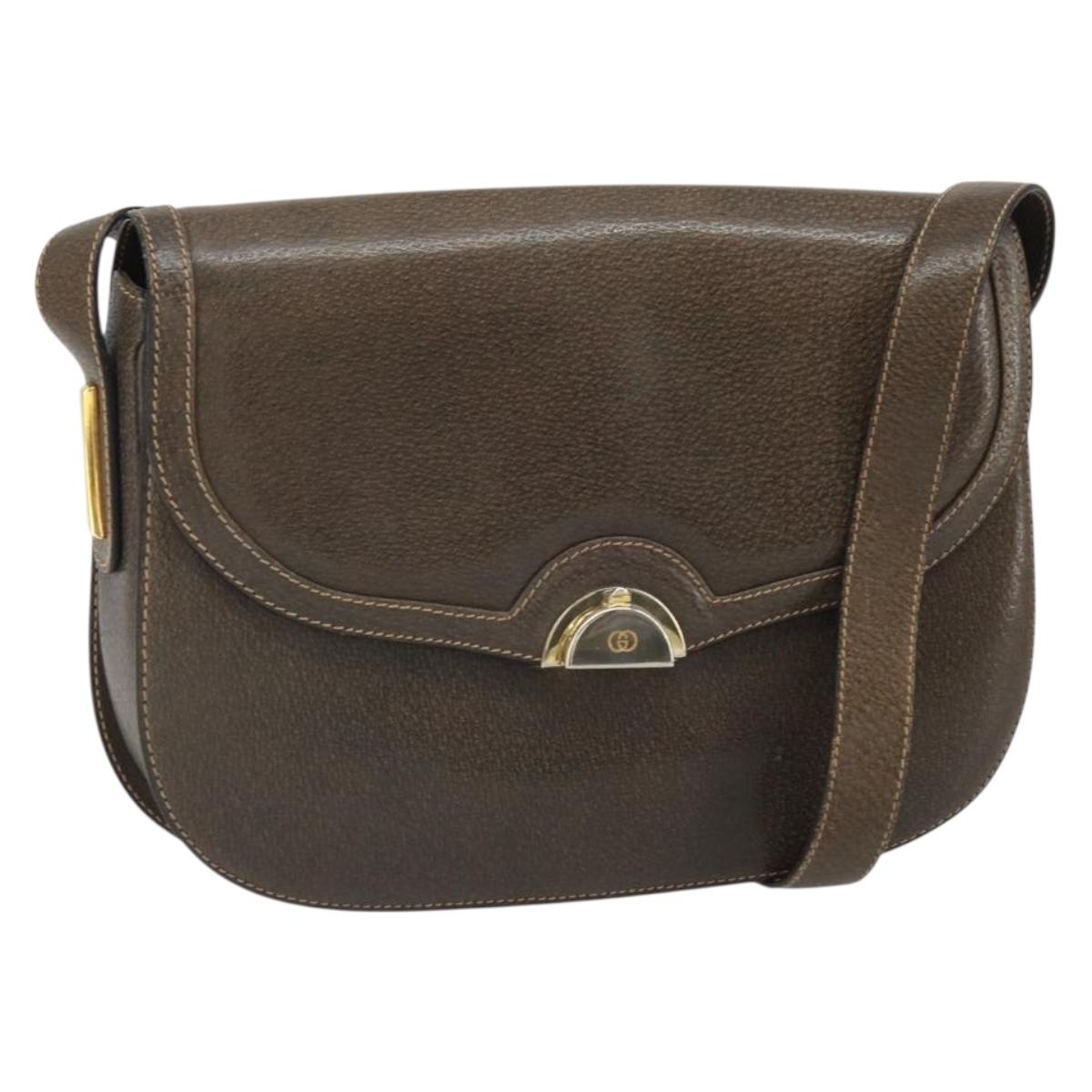 GUCCI Shoulder Bag Leather Brown Gold Auth 164489