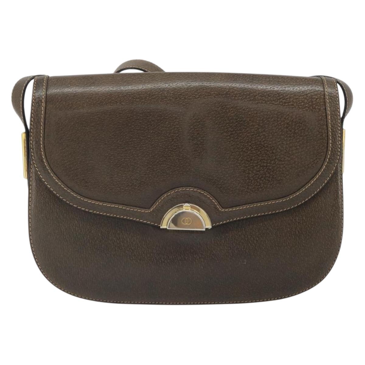 GUCCI Shoulder Bag Leather Brown Gold Auth 164489