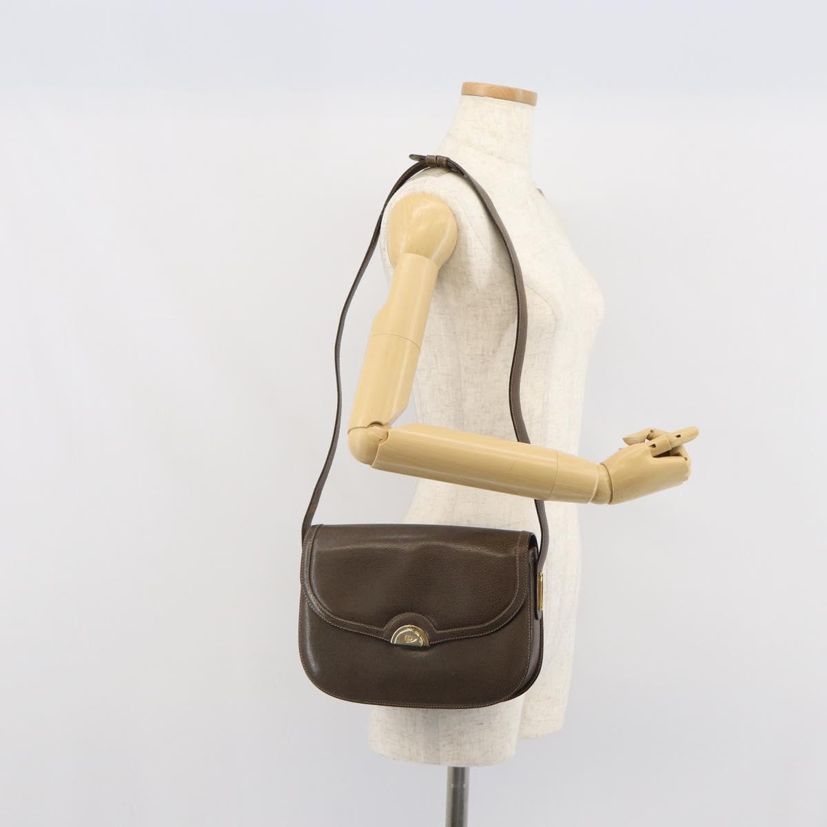 GUCCI Shoulder Bag Leather Brown Gold Auth 164489