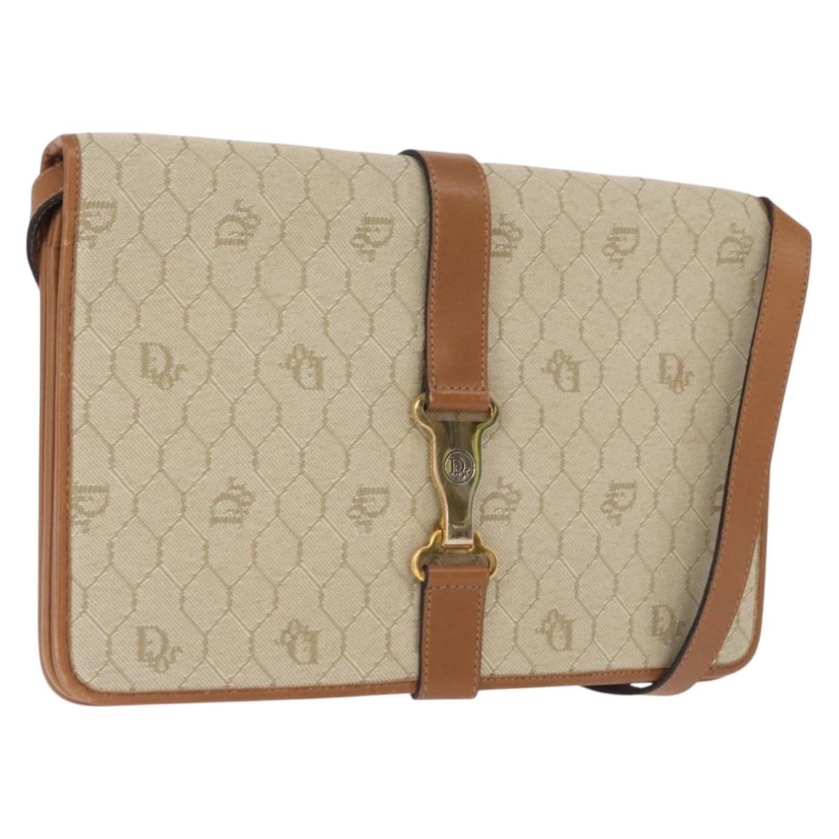 Christian Dior Honeycomb Canvas Shoulder Bag Beige Gold Auth 164498
