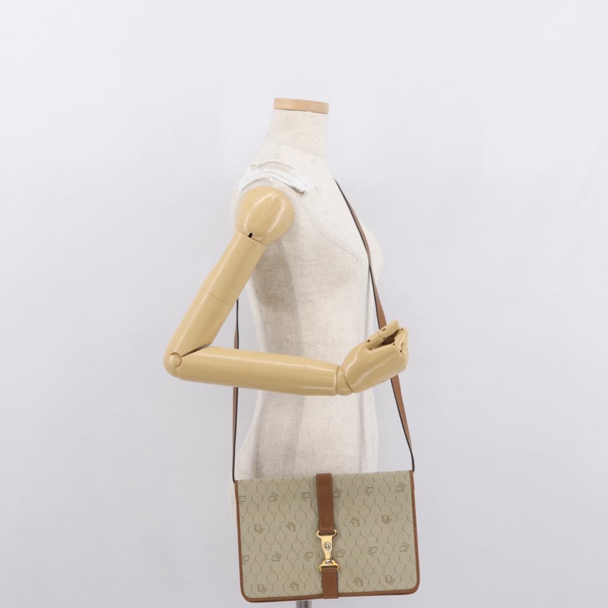 Christian Dior Honeycomb Canvas Shoulder Bag Beige Gold Auth 164498