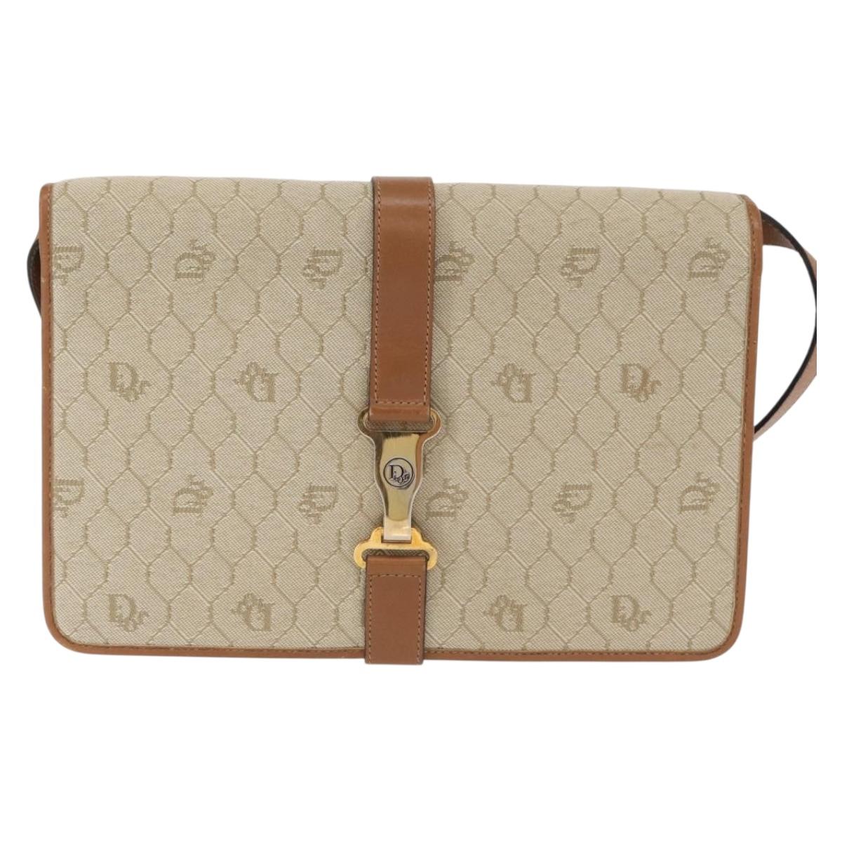 Christian Dior Honeycomb Canvas Shoulder Bag Beige Gold Auth 164498
