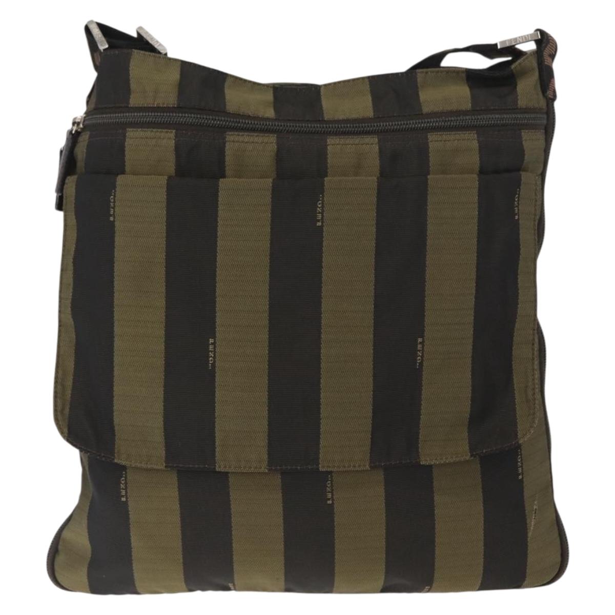 FENDI Pecan Canvas Shoulder Bag Black Brown Silver Auth 164502