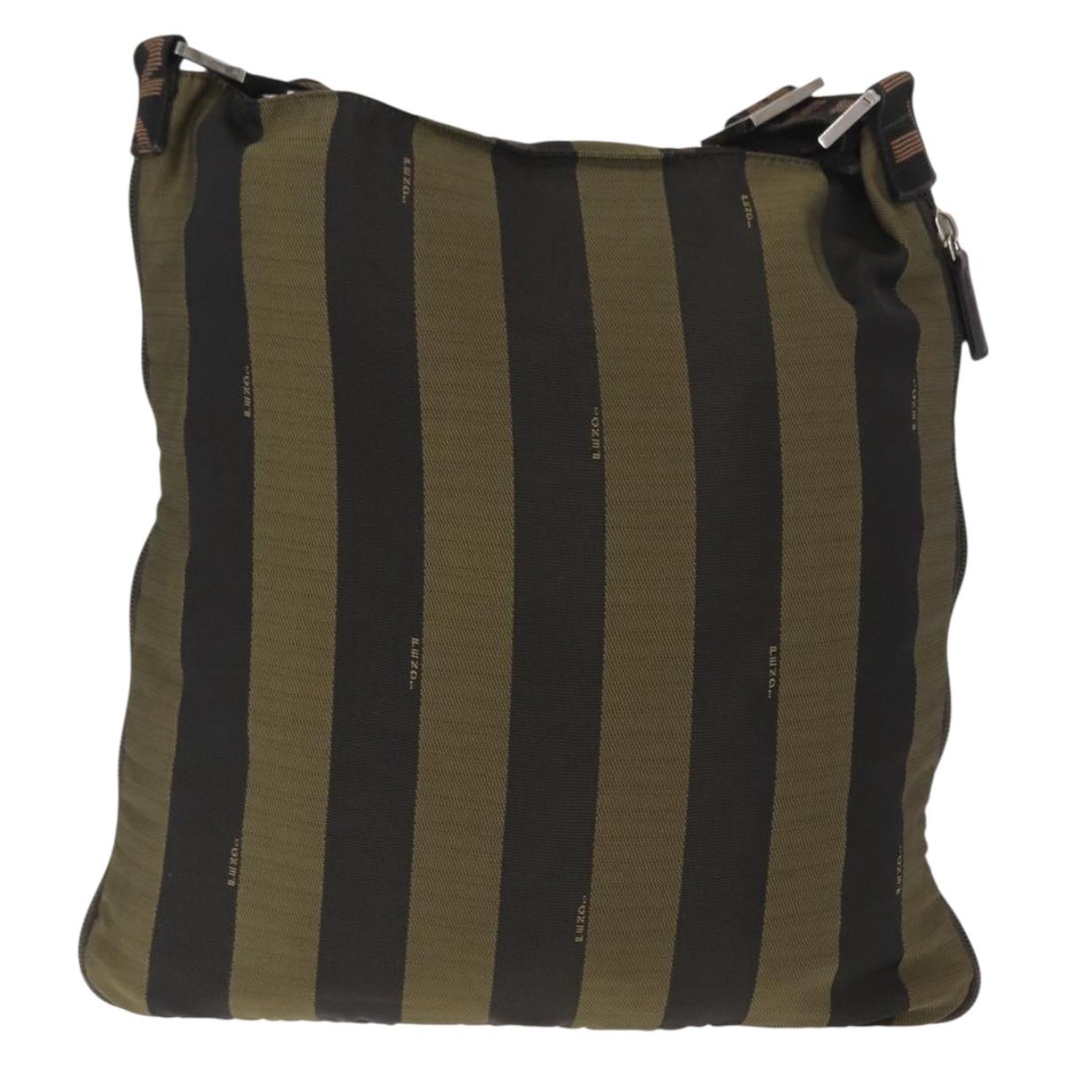 FENDI Pecan Canvas Shoulder Bag Black Brown Silver Auth 164502