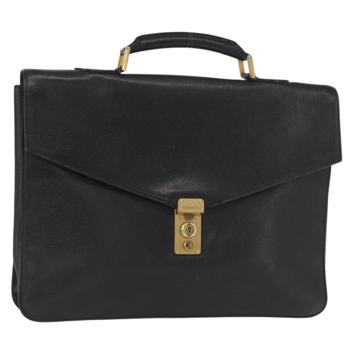 CHANEL Business Bag Caviar Skin Black Gold CC Auth 164528