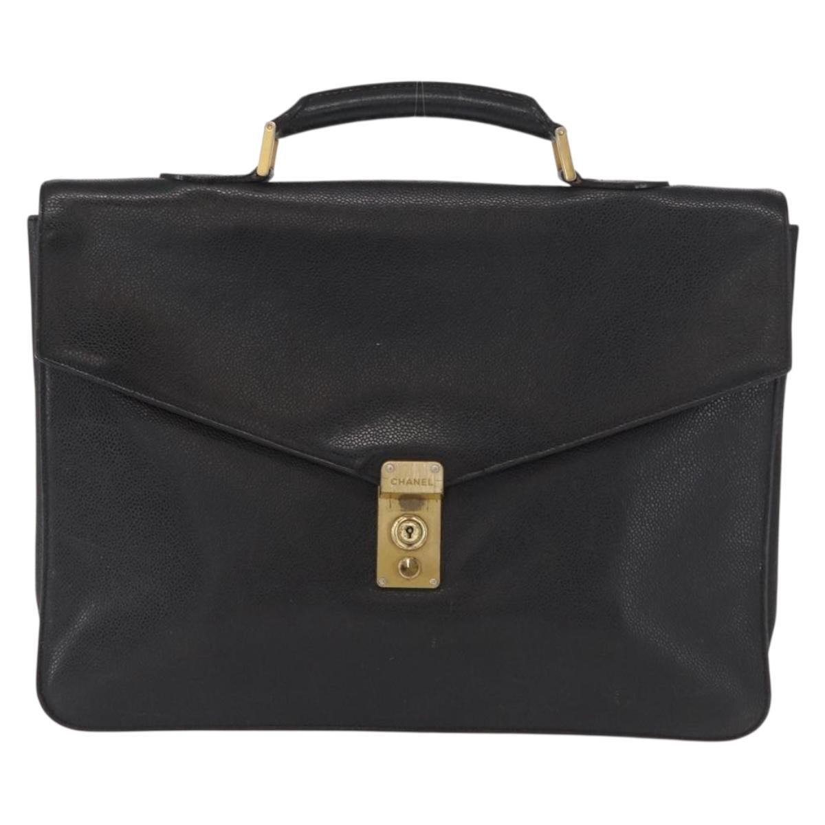 CHANEL Business Bag Caviar Skin Black Gold CC Auth 164528