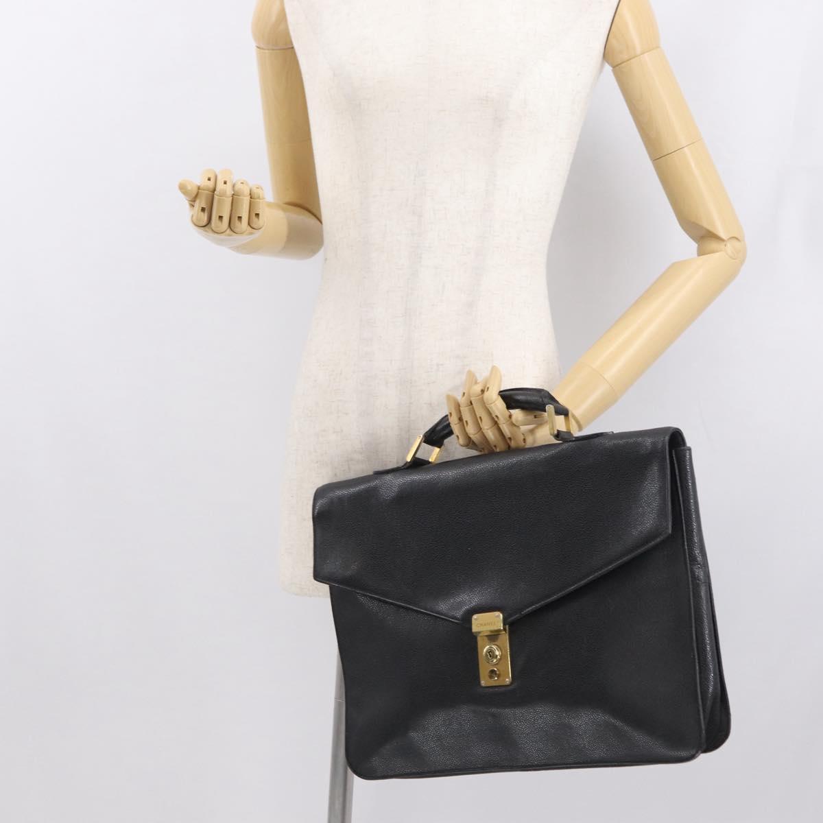 CHANEL Business Bag Caviar Skin Black Gold CC Auth 164528