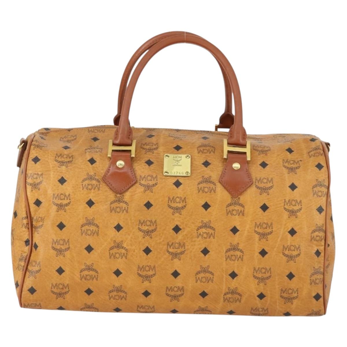 MCM Vicetos Logogram Boston Bag PVC Leather Brown Gold Auth 164740