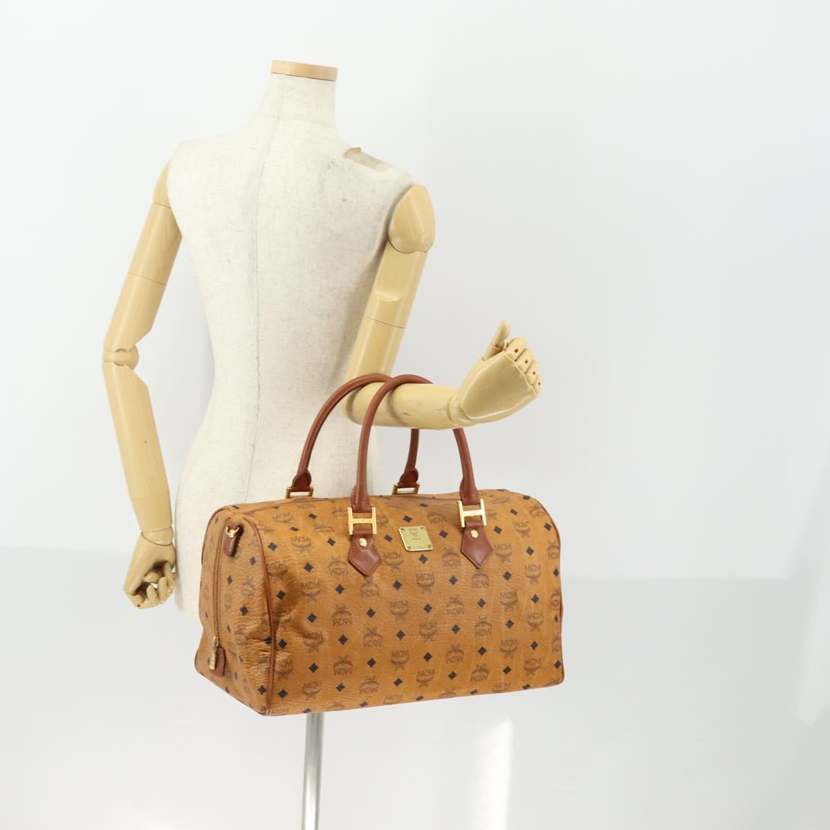 MCM Vicetos Logogram Boston Bag PVC Leather Brown Gold Auth 164740