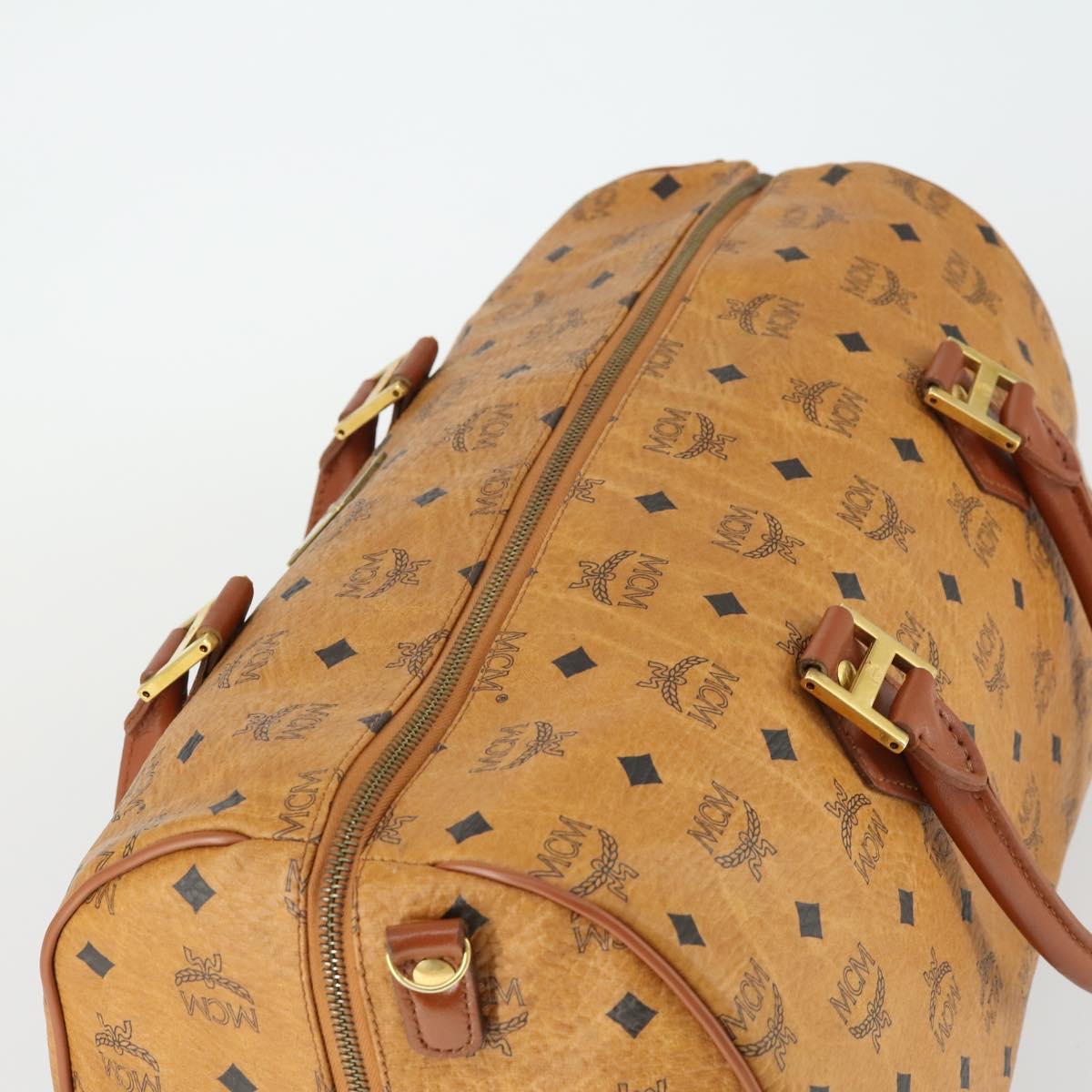 MCM Vicetos Logogram Boston Bag PVC Leather Brown Gold Auth 164740