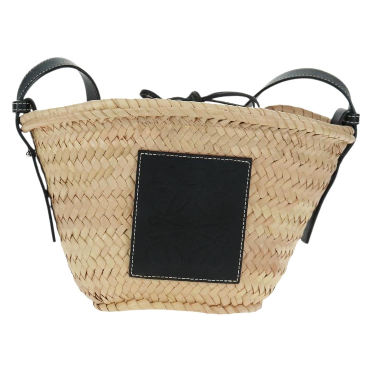 LOEWE Basket Anagram Shoulder Bag Raffia Beige Auth 164753V