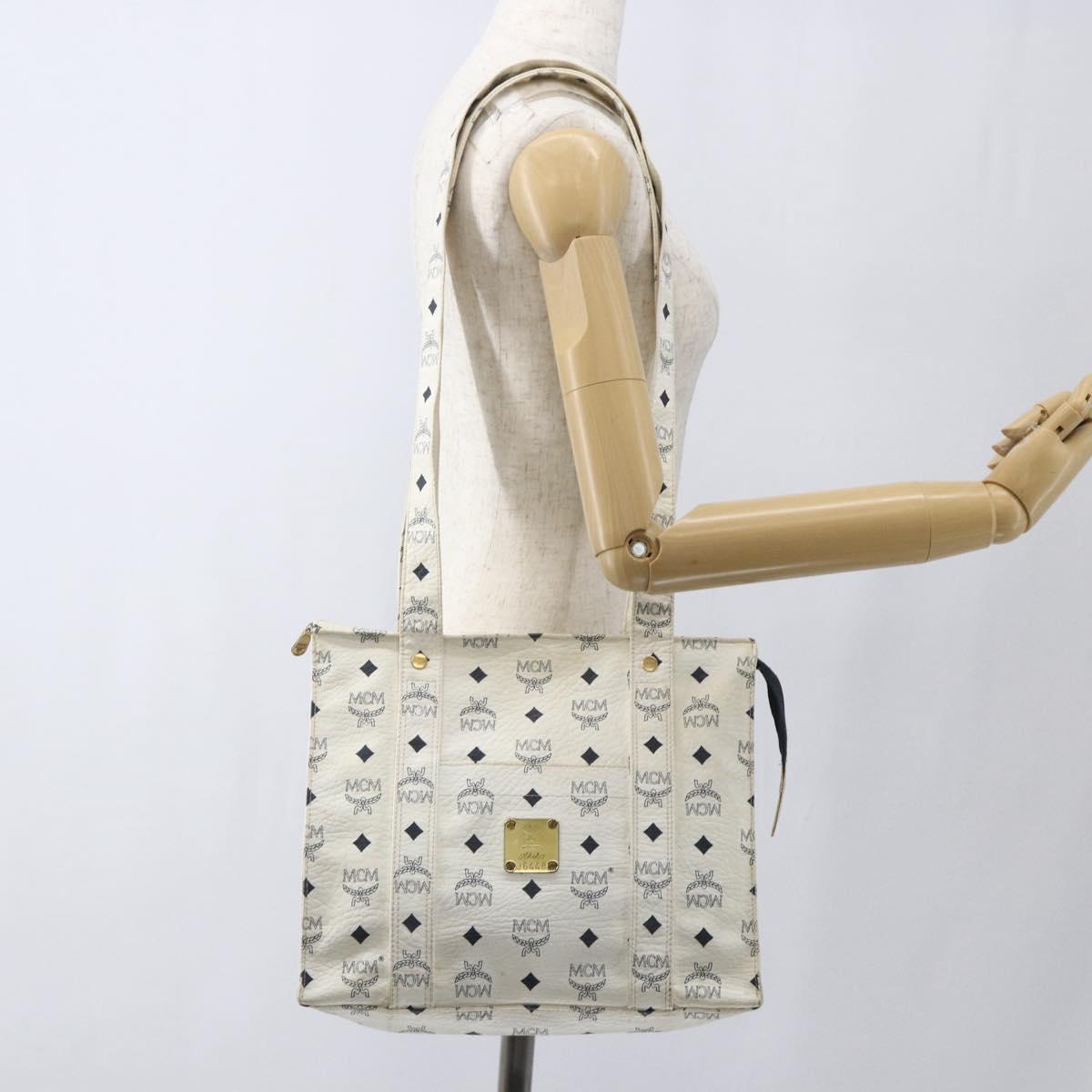 MCM Vicetos Logogram Shoulder Bag PVC Leather White Gold Auth 164760