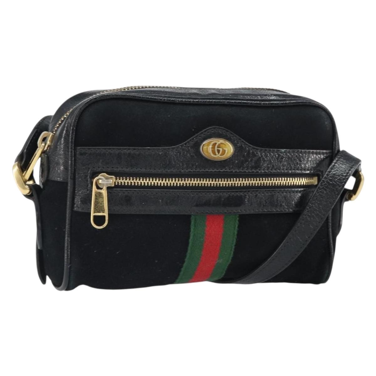 GUCCI GG Marmont Web Sherry Line Bag Suede Black Gold 517350 Auth 164792