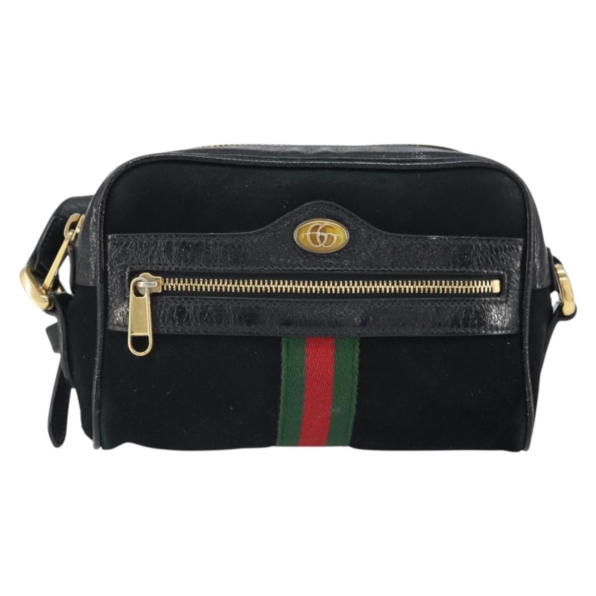 GUCCI GG Marmont Web Sherry Line Bag Suede Black Gold 517350 Auth 164792