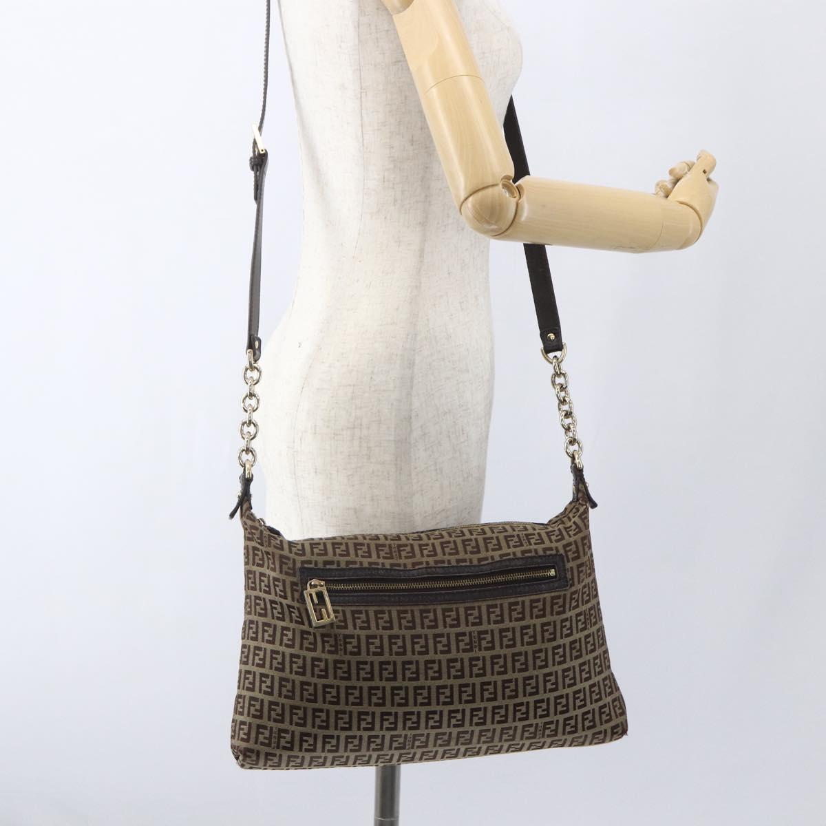 FENDI Zucchino Canvas Shoulder Bag Beige Gold Auth 164816
