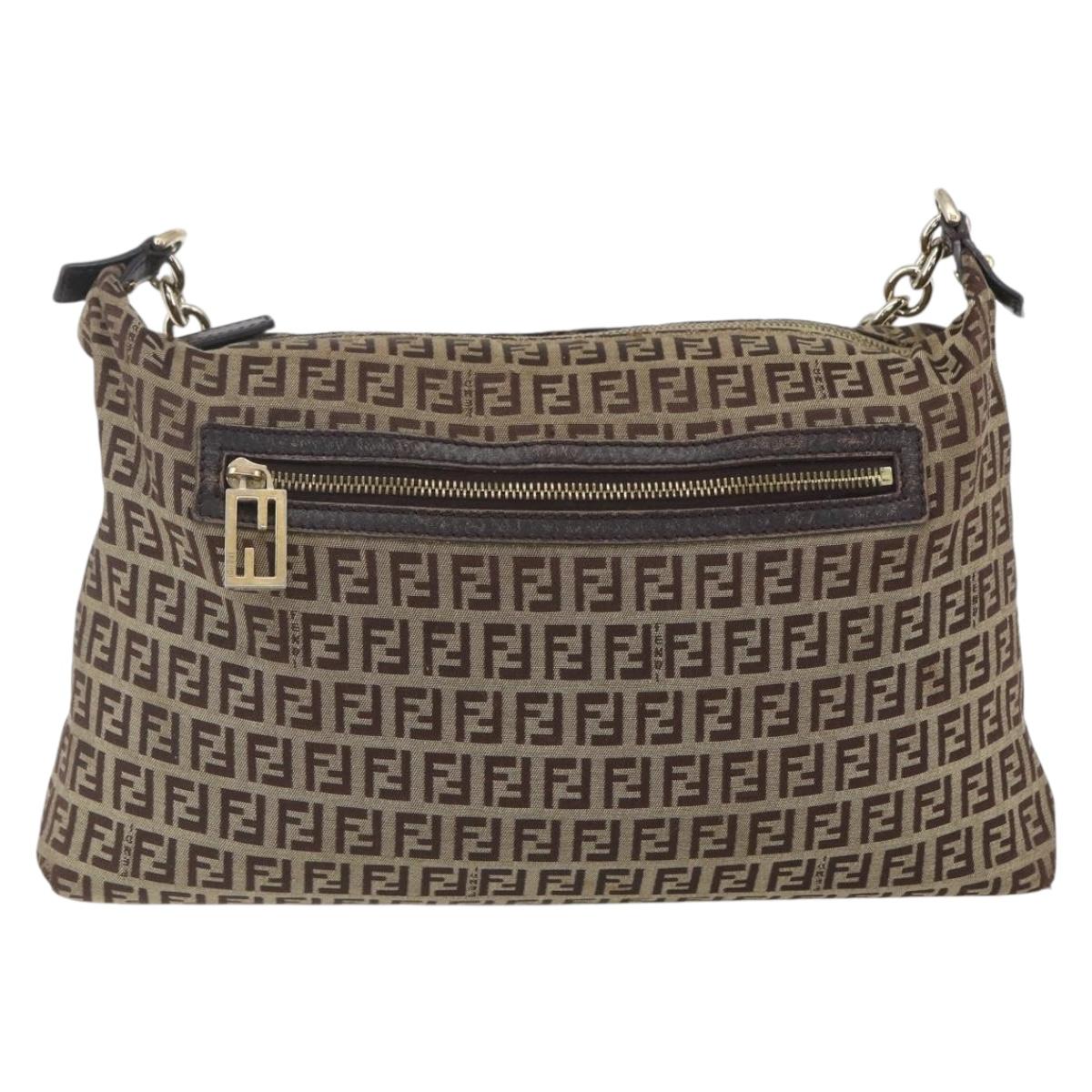 FENDI Zucchino Canvas Shoulder Bag Beige Gold Auth 164816