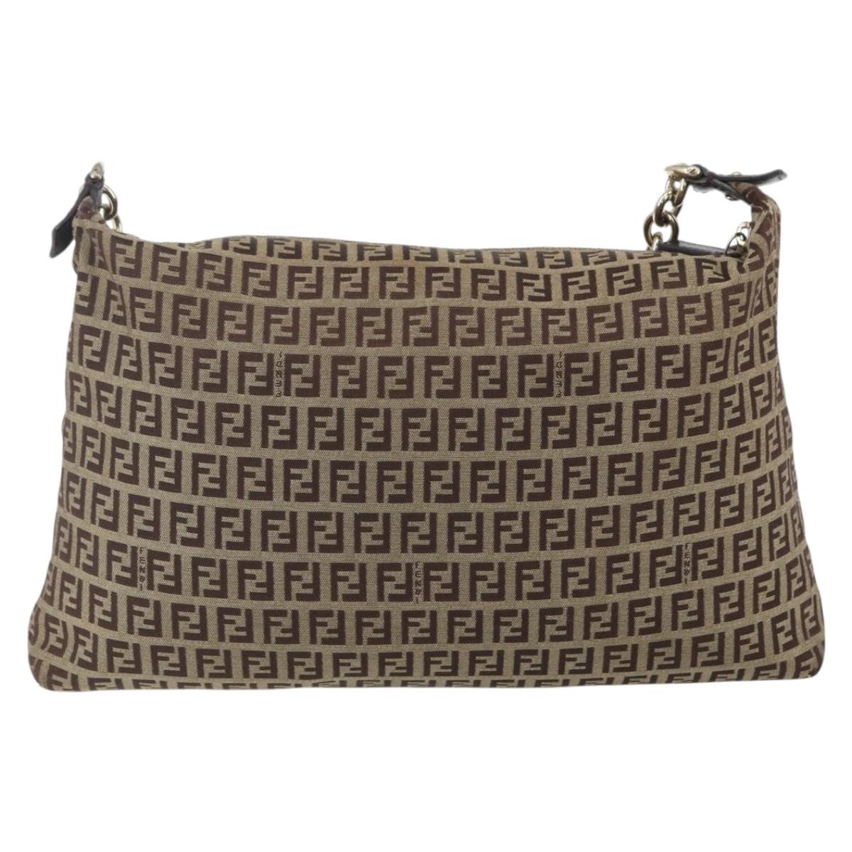 FENDI Zucchino Canvas Shoulder Bag Beige Gold Auth 164816