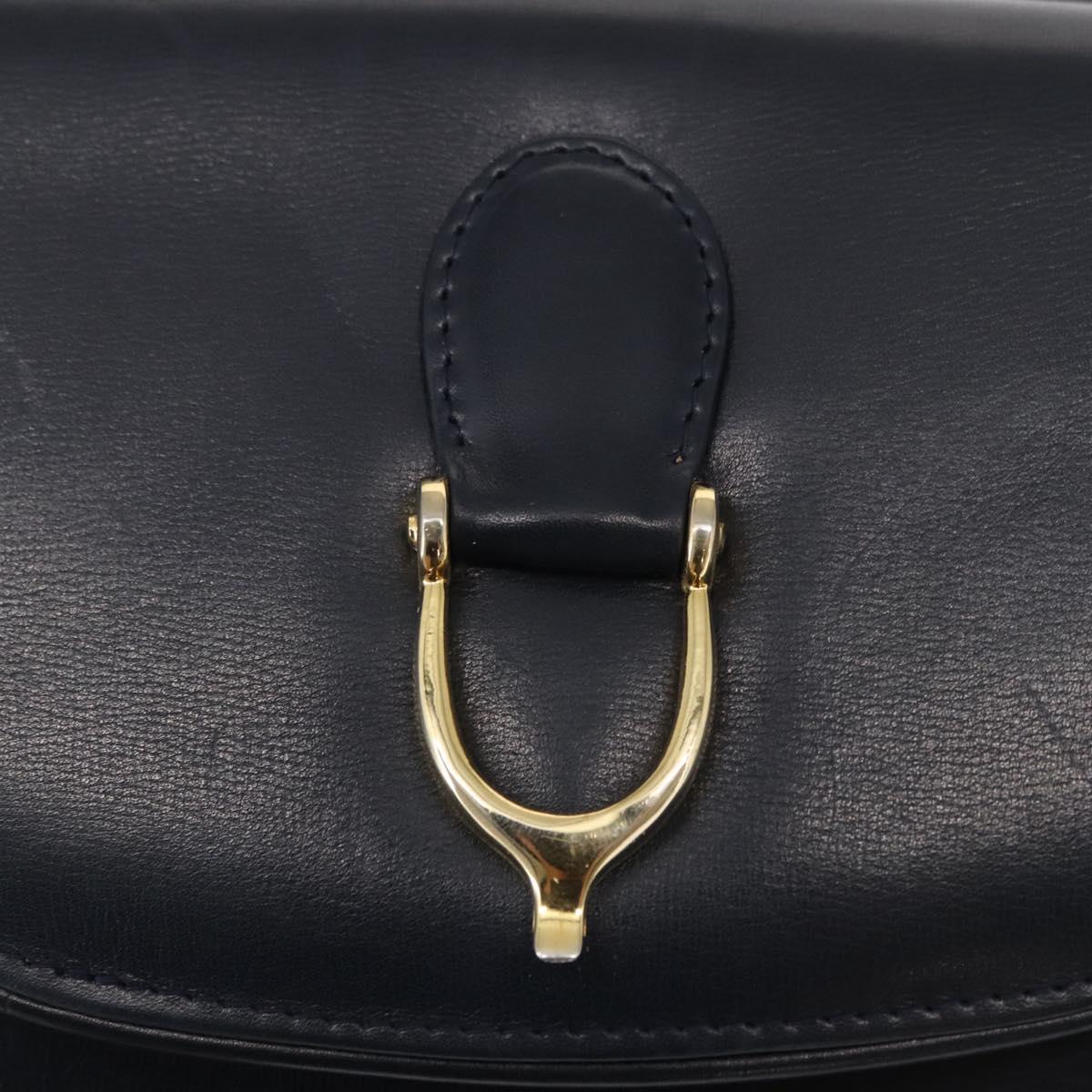 GUCCI Shoulder Bag Leather Navy Gold Auth 164825