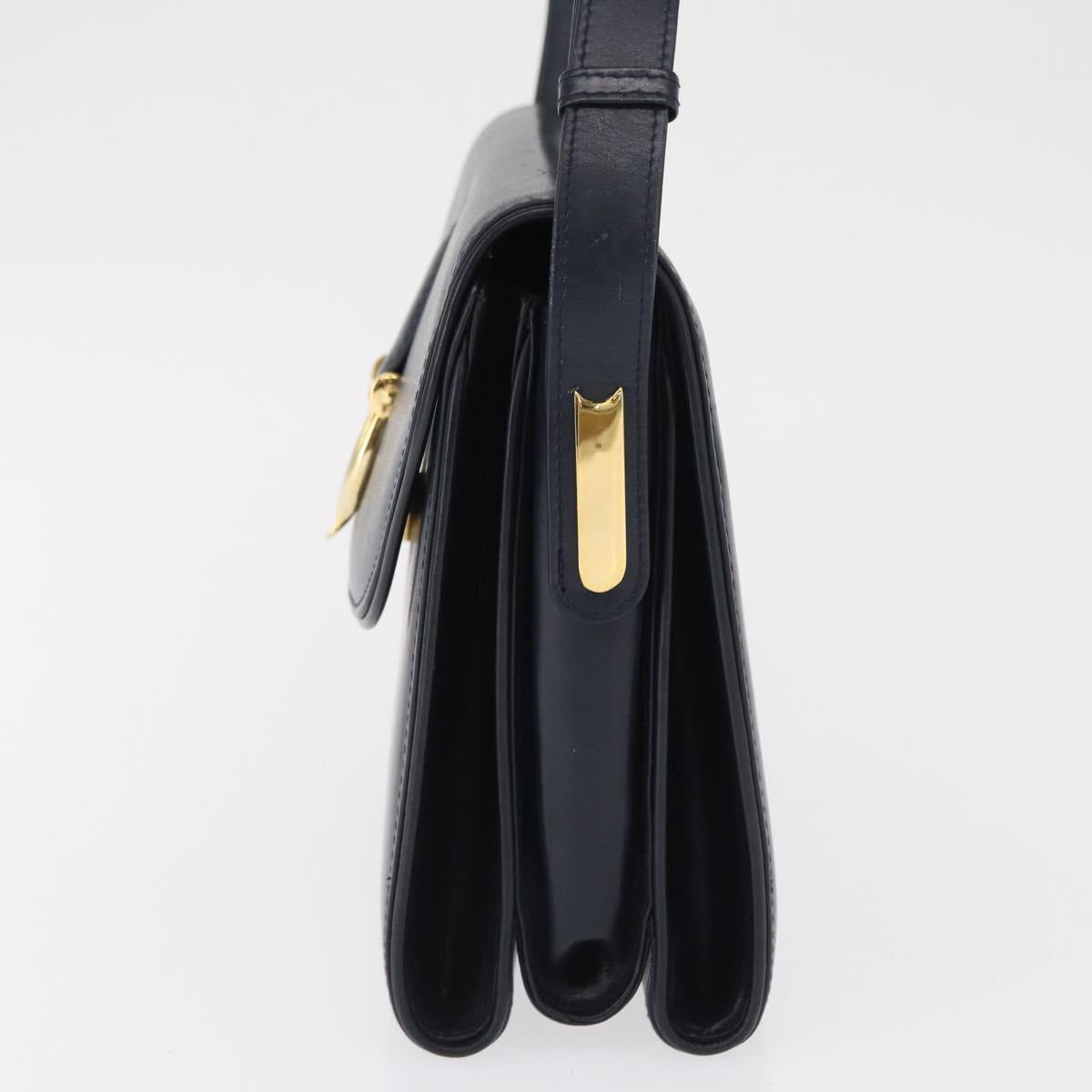 GUCCI Shoulder Bag Leather Navy Gold Auth 164825