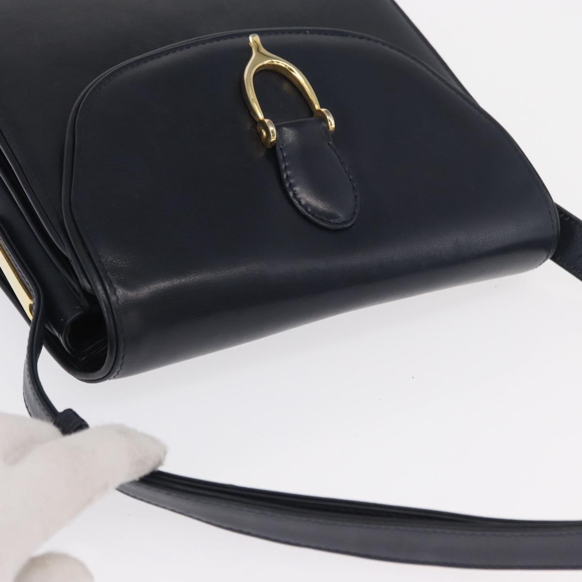 GUCCI Shoulder Bag Leather Navy Gold Auth 164825