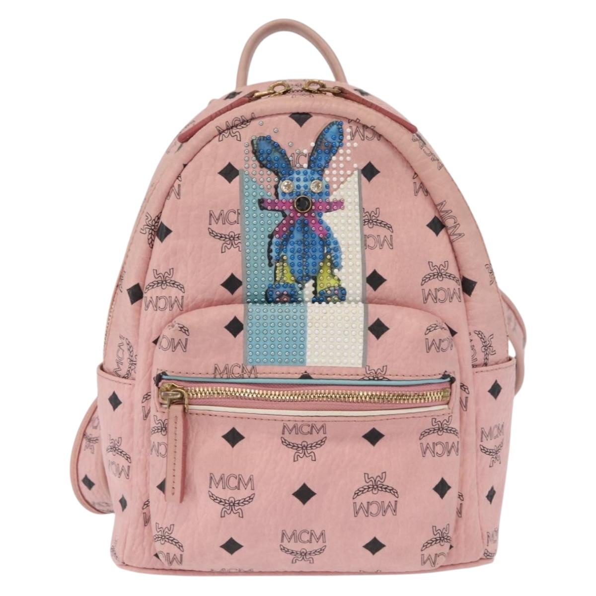 MCM Vicetos Logogram Backpack PVC Leather Pink Gold Auth 164828