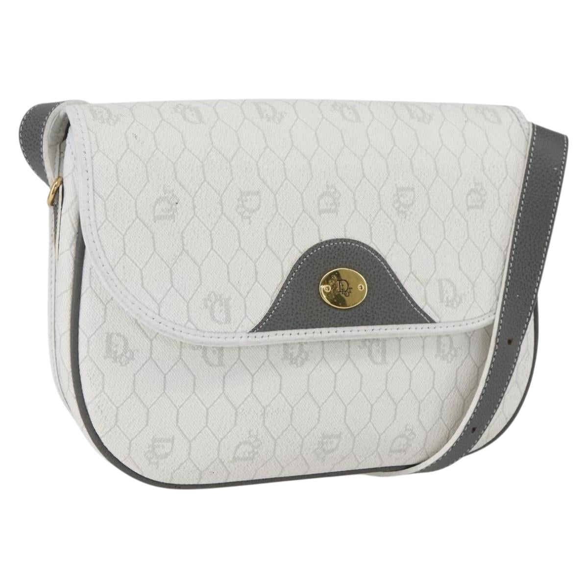 Christian Dior Honeycomb Canvas Shoulder Bag White Gold Auth 164834