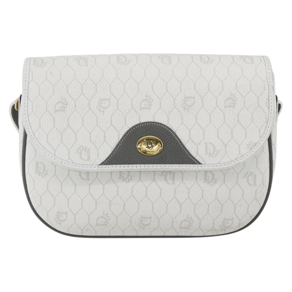 Christian Dior Honeycomb Canvas Shoulder Bag White Gold Auth 164834