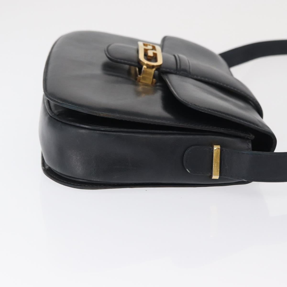 GUCCI Shoulder Bag Leather Navy Gold Auth 164835