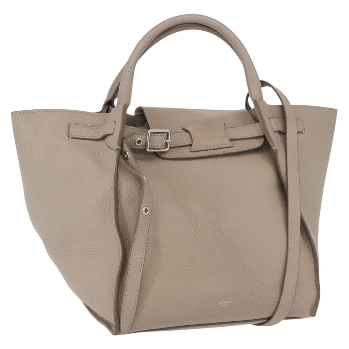 CELINE Big bag Small Hand Bag Leather Beige Silver Auth 164836