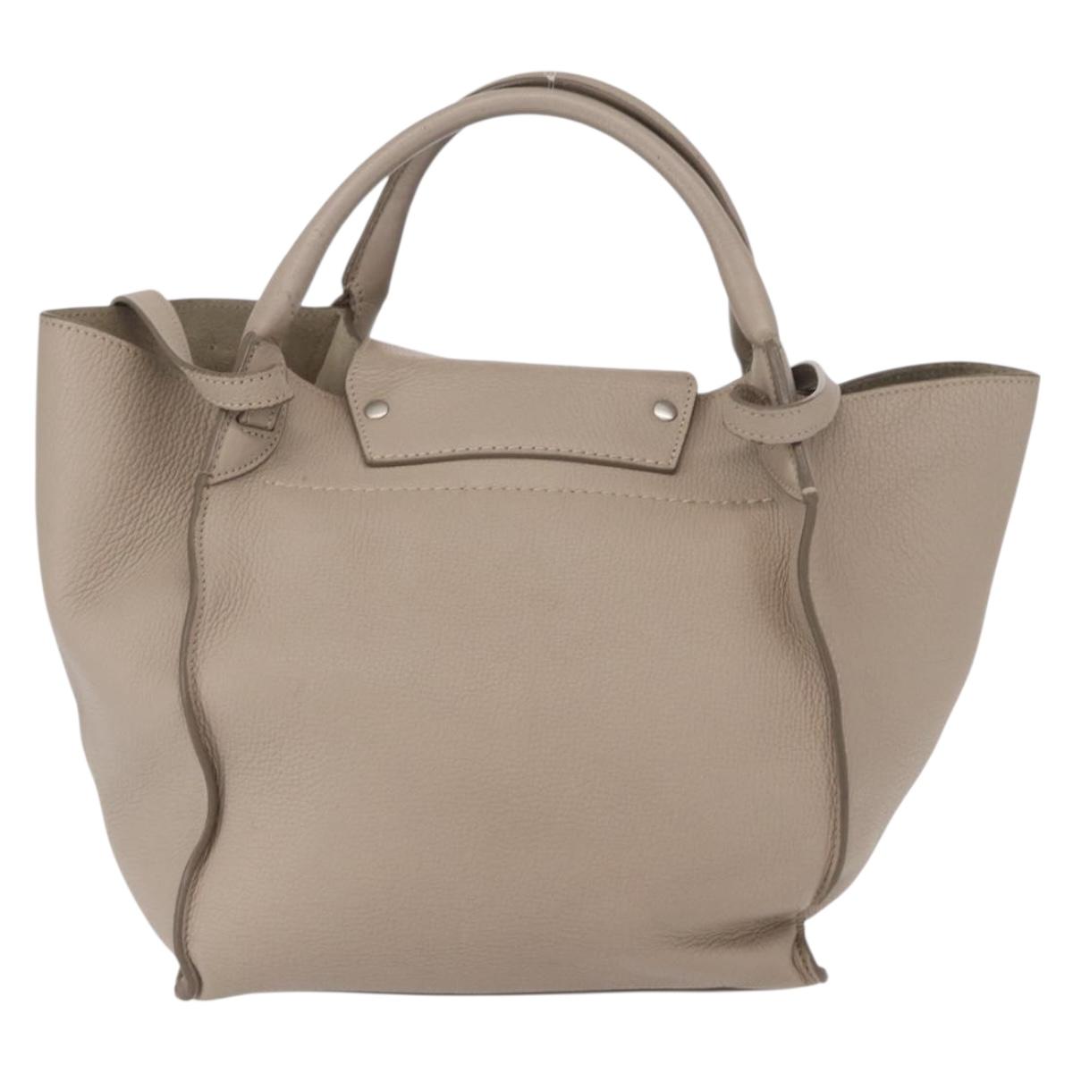 CELINE Big bag Small Hand Bag Leather Beige Silver Auth 164836