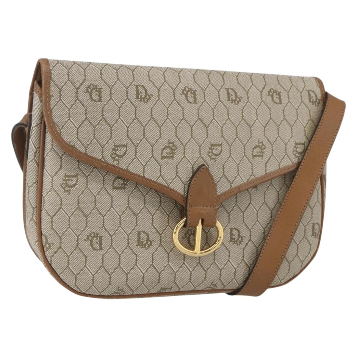 Christian Dior Honeycomb Canvas Shoulder Bag Beige Gold Auth 164839